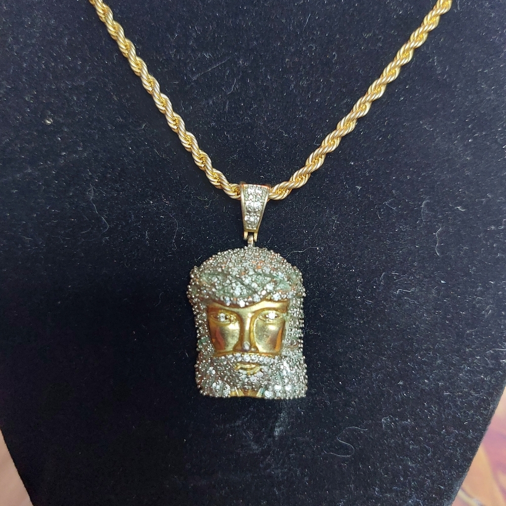 Jesus Goldtone and Rhinestone Pendant with Chain Necklace.